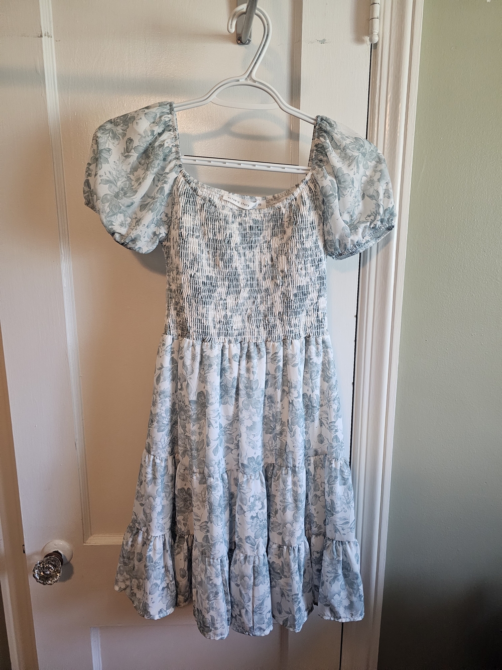 Altar'd State Pale Blue Floral Puff-Sleeve Smocked Tiered Dress